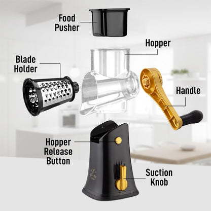 Zulay Kitchen Rotary Cheese Grater 5 Blade Cheese Shredder - Manual Hand Crank Cheese Grater With Reinforced Suction & 5 Interchangeable Drums - Easy to Use, Vegetable Chopper Round Mandoline Slicer - Colors B