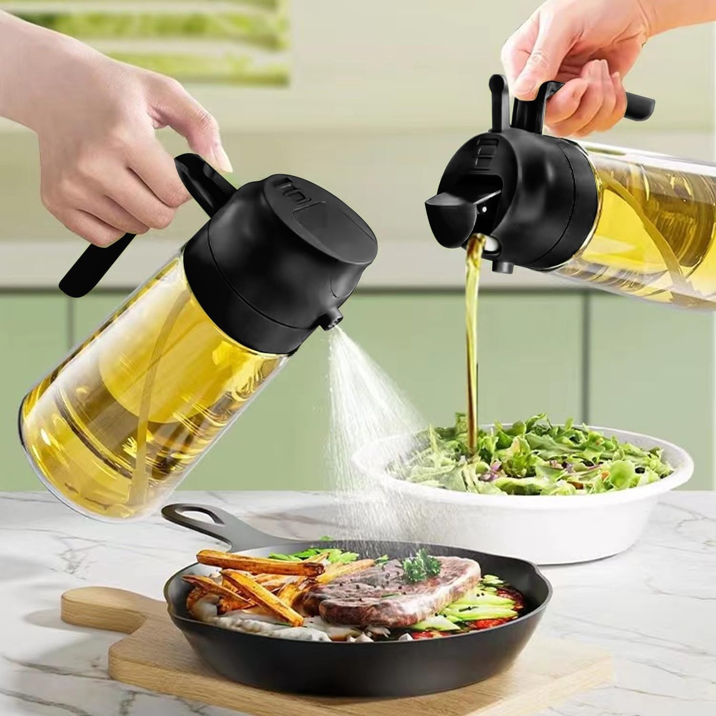 2-in-1 Oil Spray Bottle for Kitchen, Glass Olive Oil Sprayer and Pourer, Non-Stick, No Drip, Fine Mist Dispenser