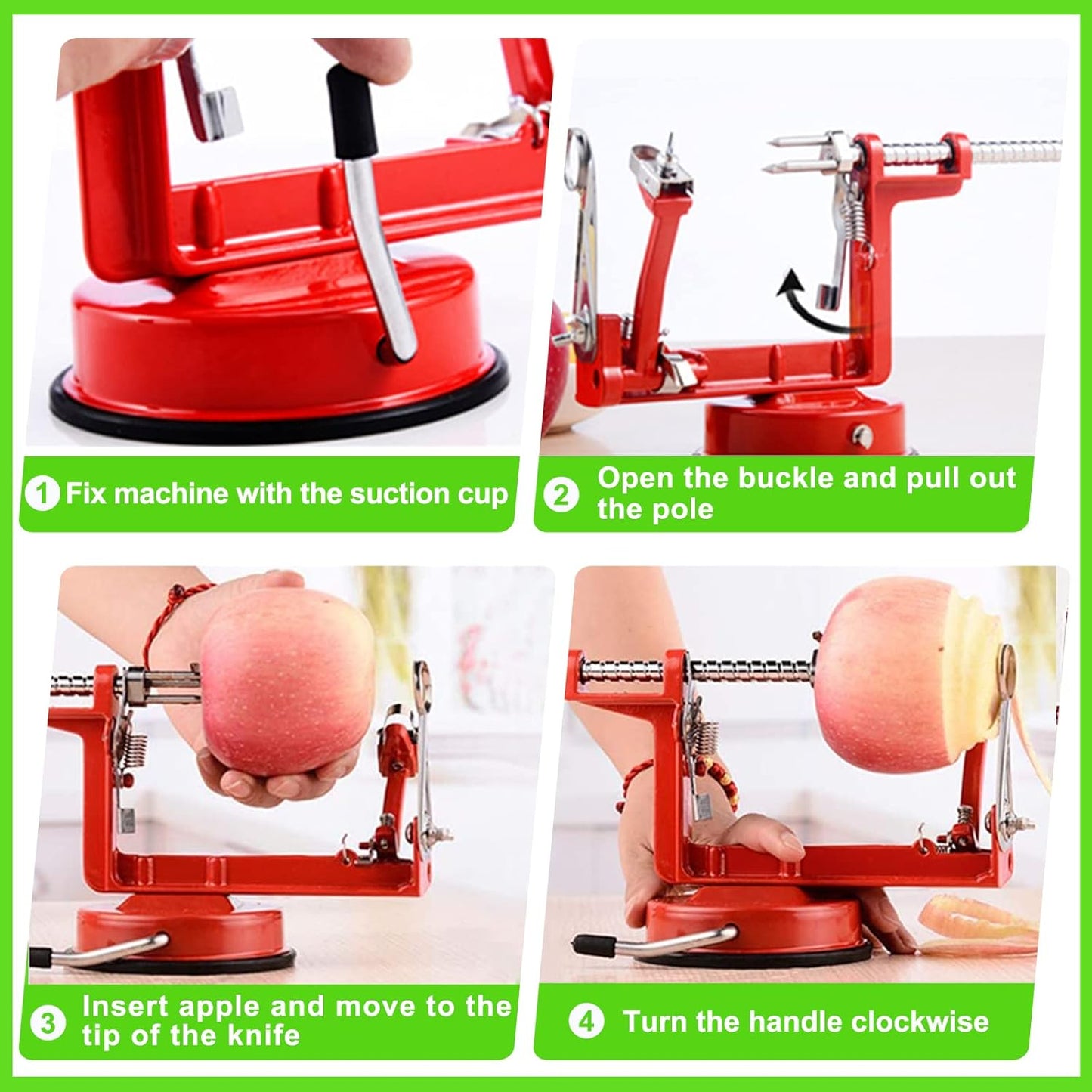 Apple Peeler Corer, Long lasting Chrome Cast Magnesium Alloy Apple Peeler Slicer Corer with Stainless Steel Blades and Powerful Suction Base for Apples and Potato(SpringGreen)