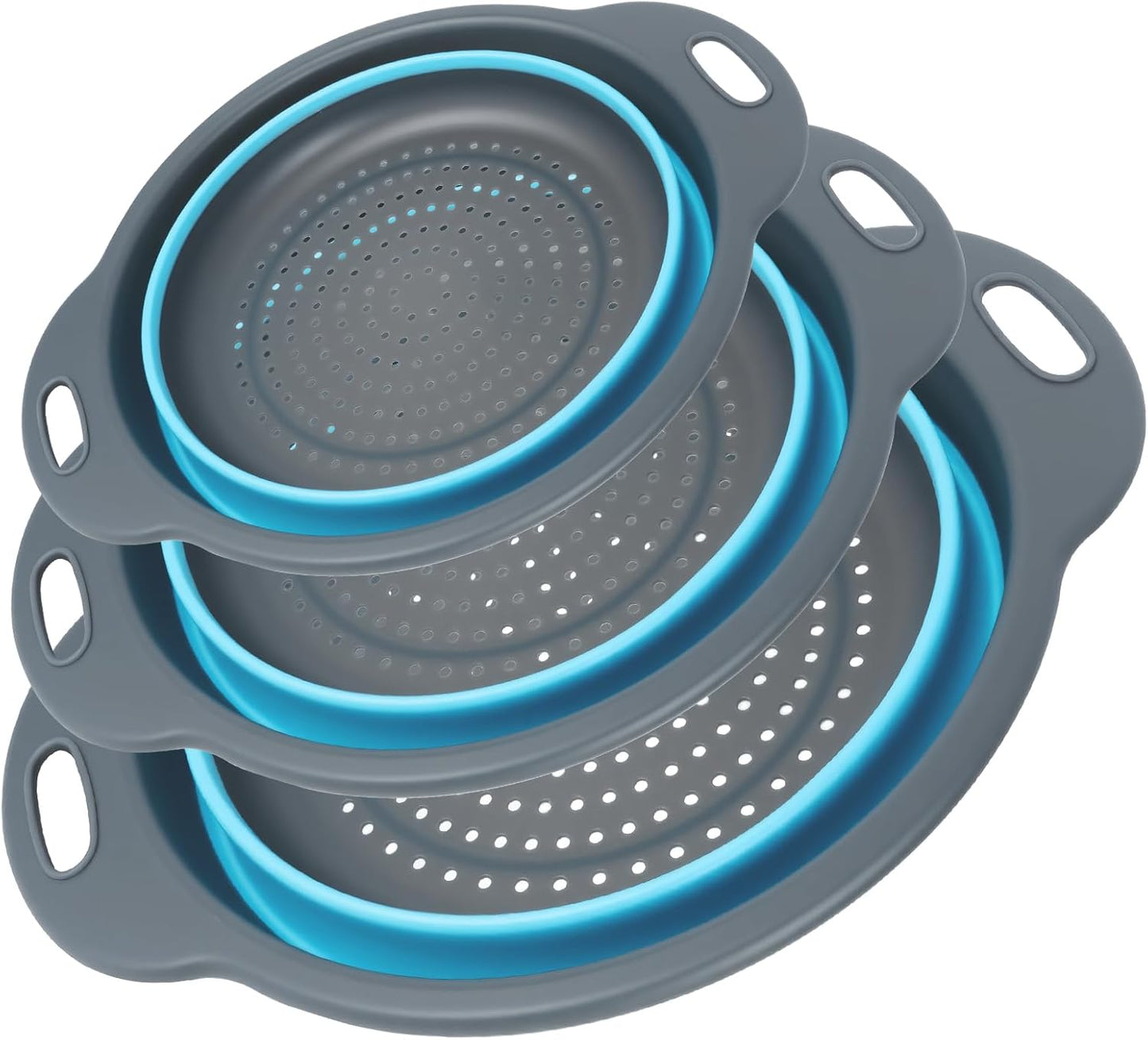 Collapsible Colander 3-Pack Set Space-Saving Foldable Kitchen Strainer with Non-Slip Base Durable Thickened PP+TPE Collapsible Strainers for Pasta, Vegetables, Fruits (Gray-White)
