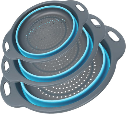 Collapsible Colander 3-Pack Set Space-Saving Foldable Kitchen Strainer with Non-Slip Base Durable Thickened PP+TPE Collapsible Strainers for Pasta, Vegetables, Fruits (Gray-White)