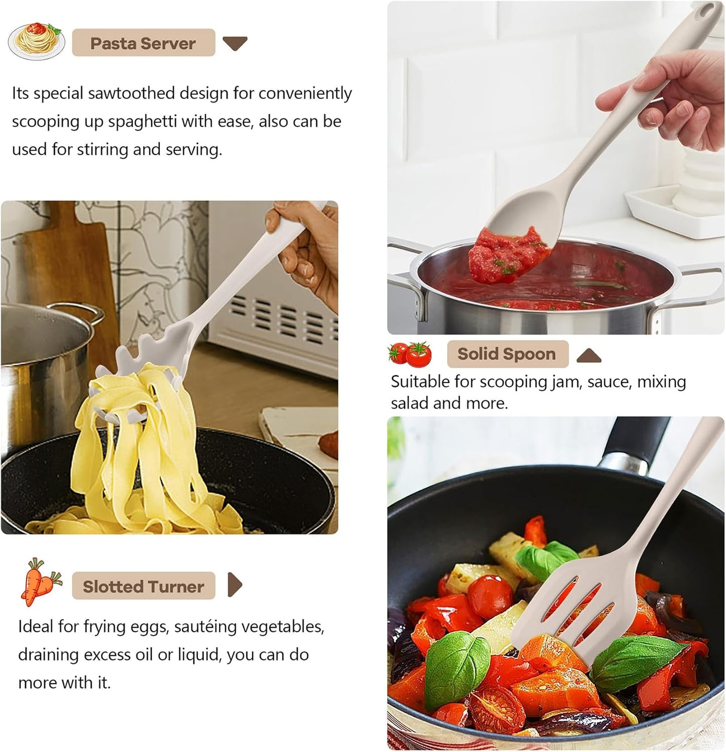 TeamFar Silicone Cooking Utensils, 10 pcs Kitchen Cooking Utensils Set, 446°F Heat Resistant Kitchen Gadgets Tools Set w/Spatula, Turners, Spoons, Soup Ladle, Pasta Server for Nonstick Cookware, Black