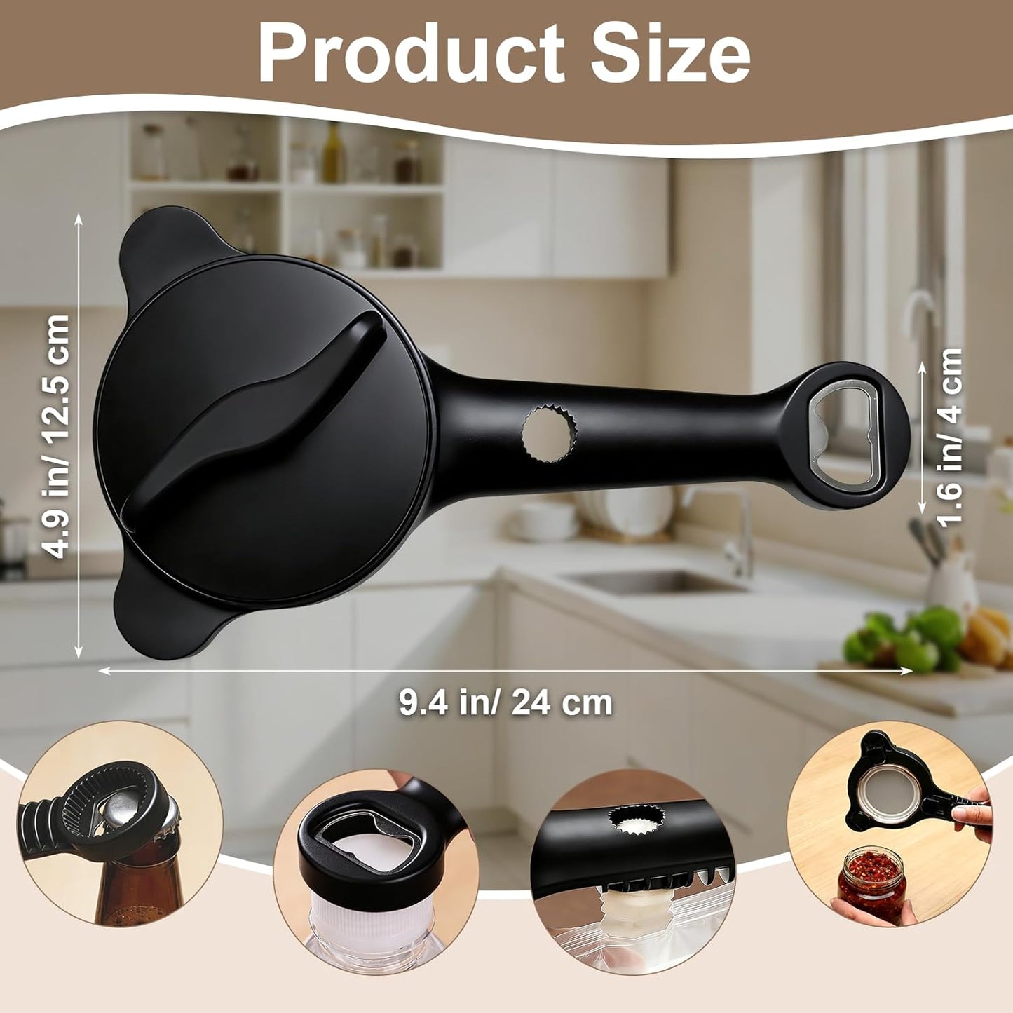 Multi-Functional 4-in-1 Jar Opener, Adjustable Stainless Steel Bottle Opener for Multi Size Jar Bottles with Ergonomic Non-Slip Handle Grip, Kitchen Helper for Seniors Weak Hands Arthritis