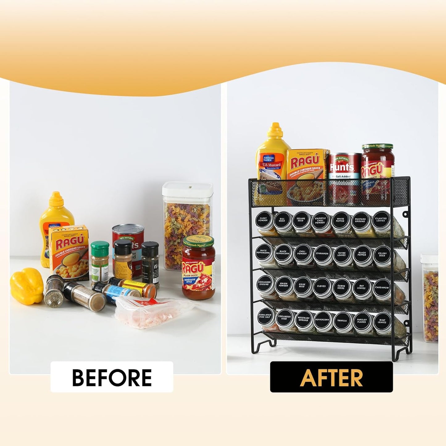 Skiileor Spice Rack Organizer with 28 Spice Jars, Black Lids，Spice Labels, Chalk pen and Funnel Set for Cabinet, Countertop, Pantry, Cupboard or Wall Mount