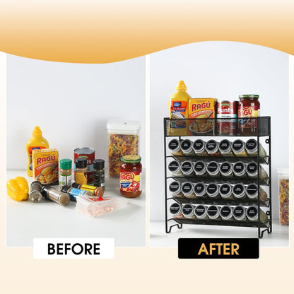 Skiileor Spice Rack Organizer with 28 Spice Jars, Black Lids，Spice Labels, Chalk pen and Funnel Set for Cabinet, Countertop, Pantry, Cupboard or Wall Mount