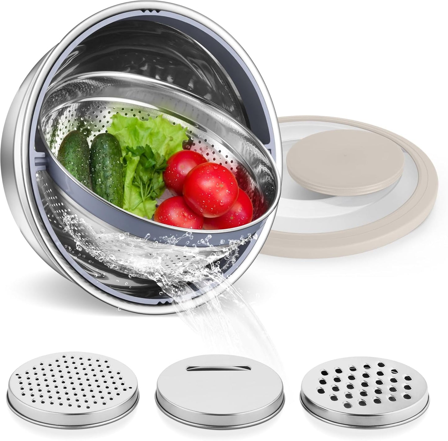 E-far Colander with Mixing Bowl Set, 4-1 Stainless Steel Colander Strainers Bowl with Graters for Kitchen, Rotatable Food Strainer Bowl for Rinsing Fruits Vegetables/Draining Pasta - Blue