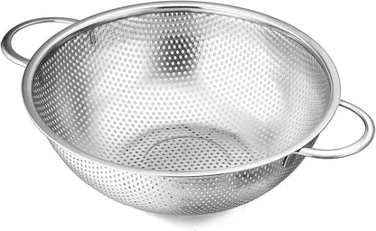 E-far Stainless Steel Colander Set of 3 (1-3-5Quart), Micro-Perforated Metal Colander Strainer with Handle for Kitchen/Draining Pasta/Rinsing Vegetables Fruits, Heavy Duty & Dishwasher Safe