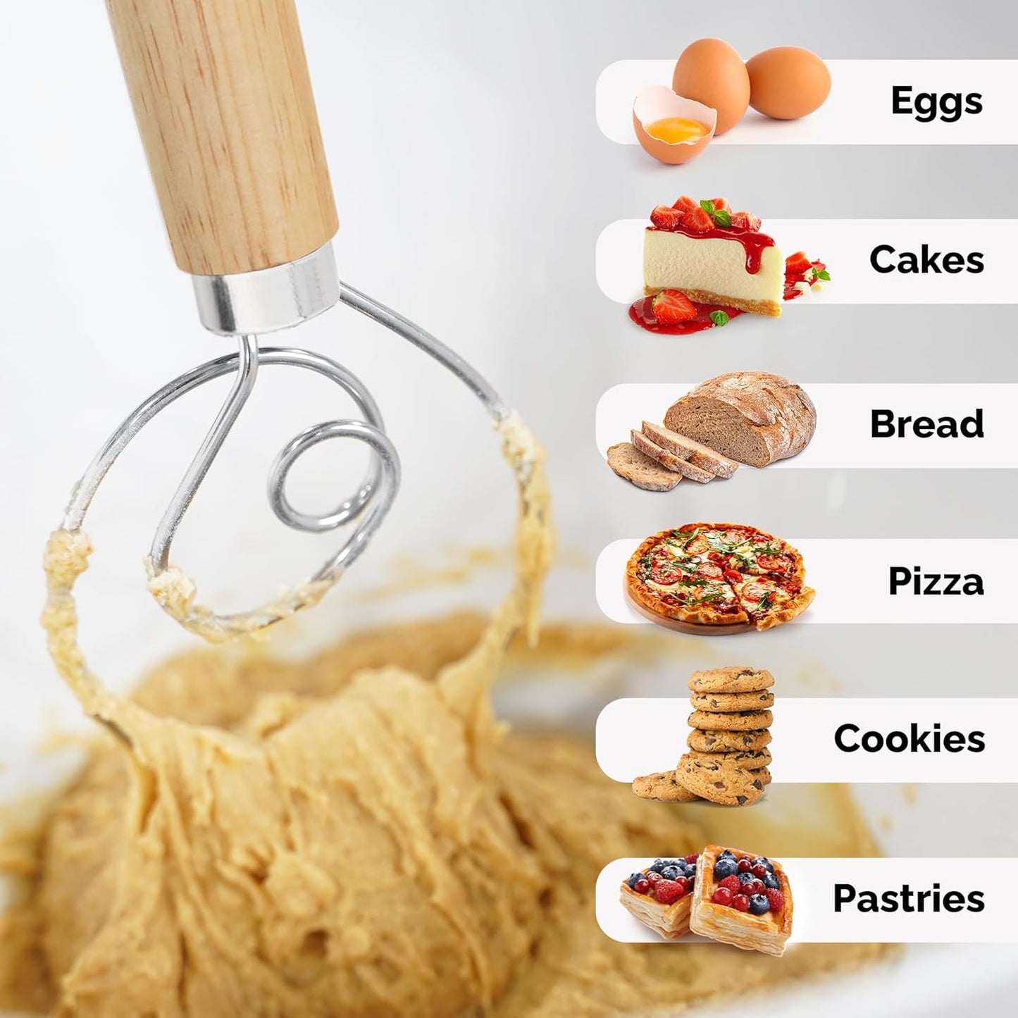 Zulay Kitchen 13-Inch Danish Dough Whisk - Stainless Steel Wooden Whisk with Dough Hook - Sourdough Whisk for Bread, Pizza, Pastry, Cake Batter & More - Wood