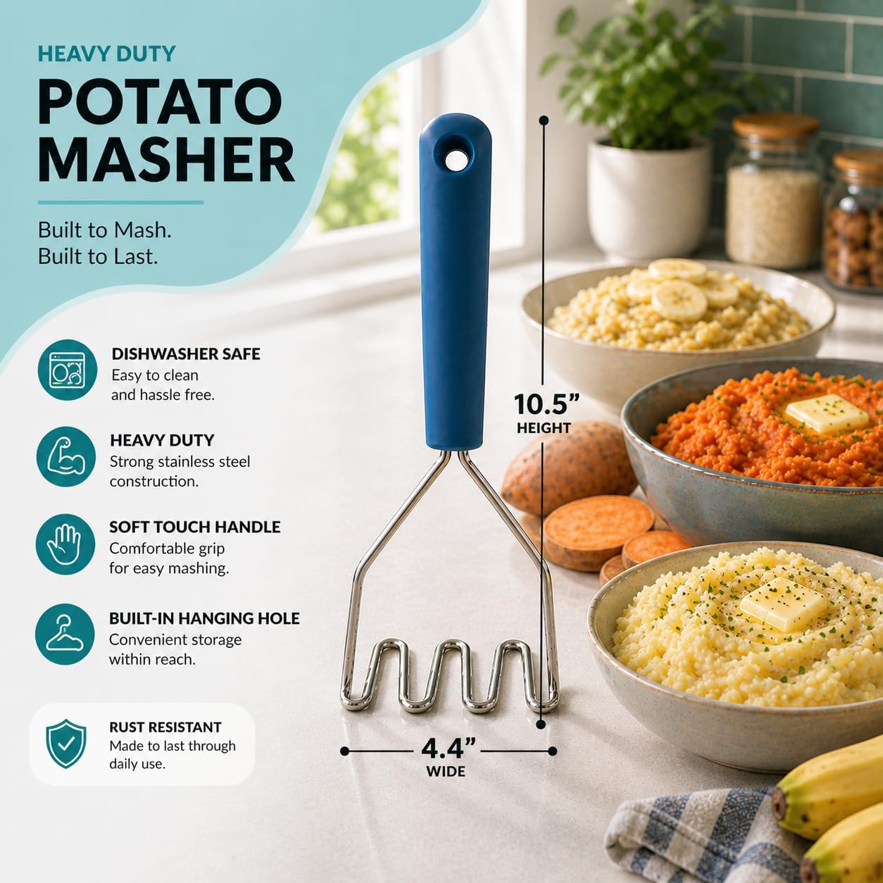 Stainless Steel Mini Meat Chopper & Masher | 6-Blade Ground Beef Chopper Tool | Small Hamburger Smasher | Compact Ergonomic Handle | Dishwasher Safe - 7" (Retro Orange Mini)