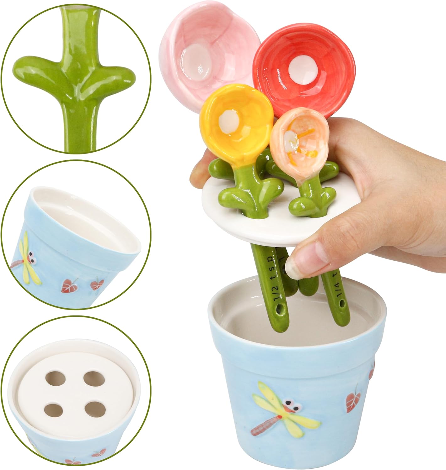 Flower Pot Measuring Spoons Set, Ceramic Baking Cup with Base Stand Holder, Decorative Cute Figurine for Dry & Wet Ingredients, Kitchen, Home & Gift - 1 Tbsp, 1 Tsp, 1/2 Tsp, 1/4 Tsp, Dishwasher Safe