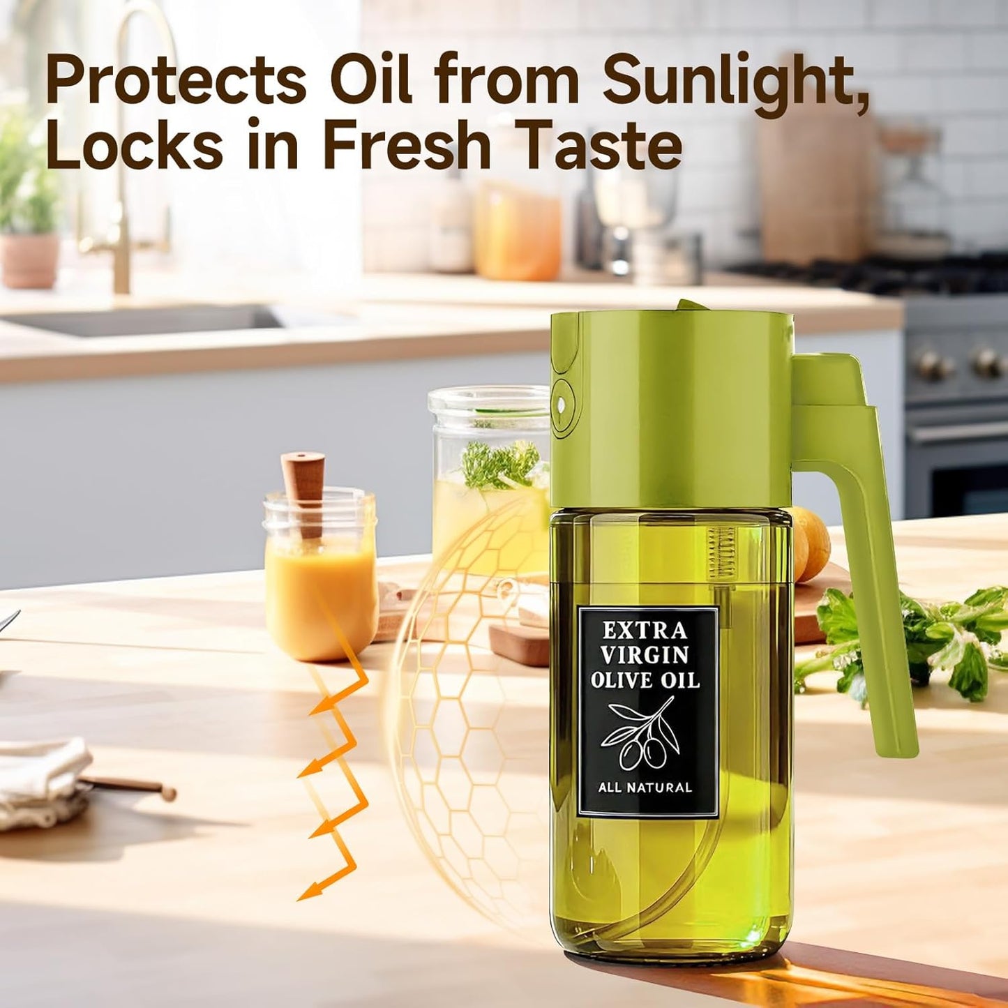 500ml Green Olive Oil Sprayer, Dark-Tinted Glass Spray Bottle for Salad, Air Fryer Vegetables, Controlled Oil Use, Refillable 2-in-1 Dispenser