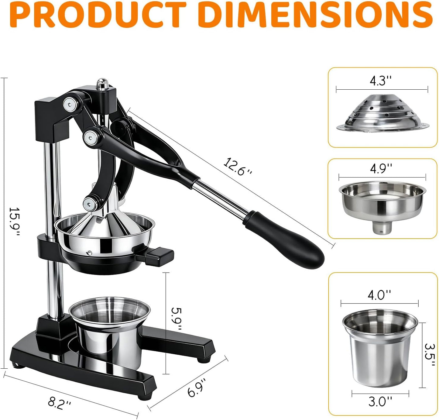 Cast Iron Juicer Heavy Duty Manual Juicer Easy to Clean, Oranges, Lemons, Pomegranates Cast Iron Juicer Manual Hand Press Citrus Squeezer with Stainless Steel Cup Black