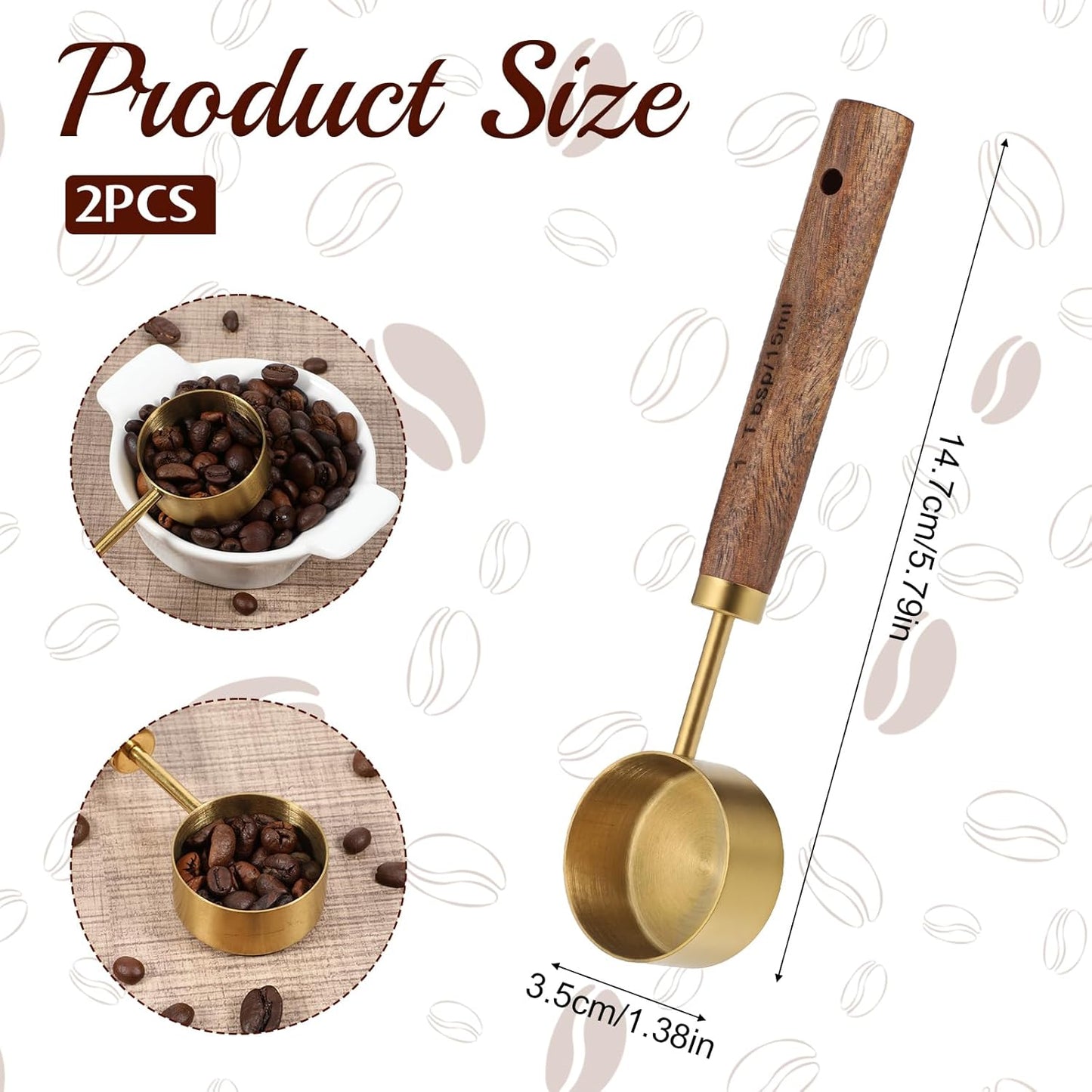2 Pcs Stainless Steel Wood Teaspoon Scoop, Wood Long Handle Coffee-Bean Scoops, 15 ML Tablespoon Coffee Scoop, Measuring Scoops for Coffee, Tea, Spices (15ML, 5.8 Inch)