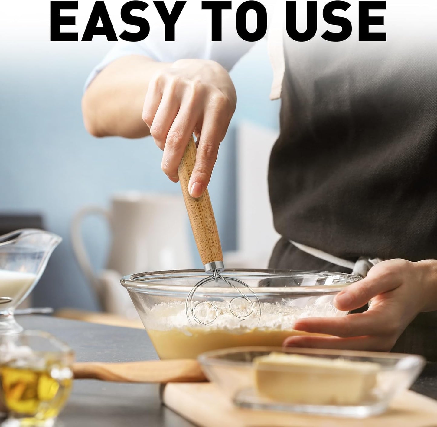 Zulay Kitchen 13-Inch Danish Dough Whisk - Stainless Steel Wooden Whisk with Dough Hook - Sourdough Whisk for Bread, Pizza, Pastry, Cake Batter & More - Wood