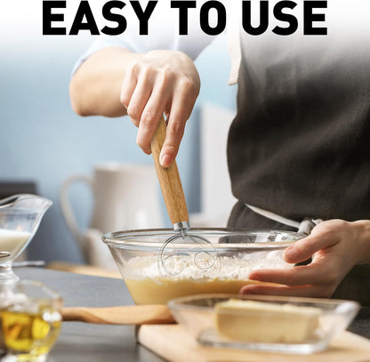 Zulay Kitchen 13-Inch Danish Dough Whisk - Stainless Steel Wooden Whisk with Dough Hook - Sourdough Whisk for Bread, Pizza, Pastry, Cake Batter & More - Wood