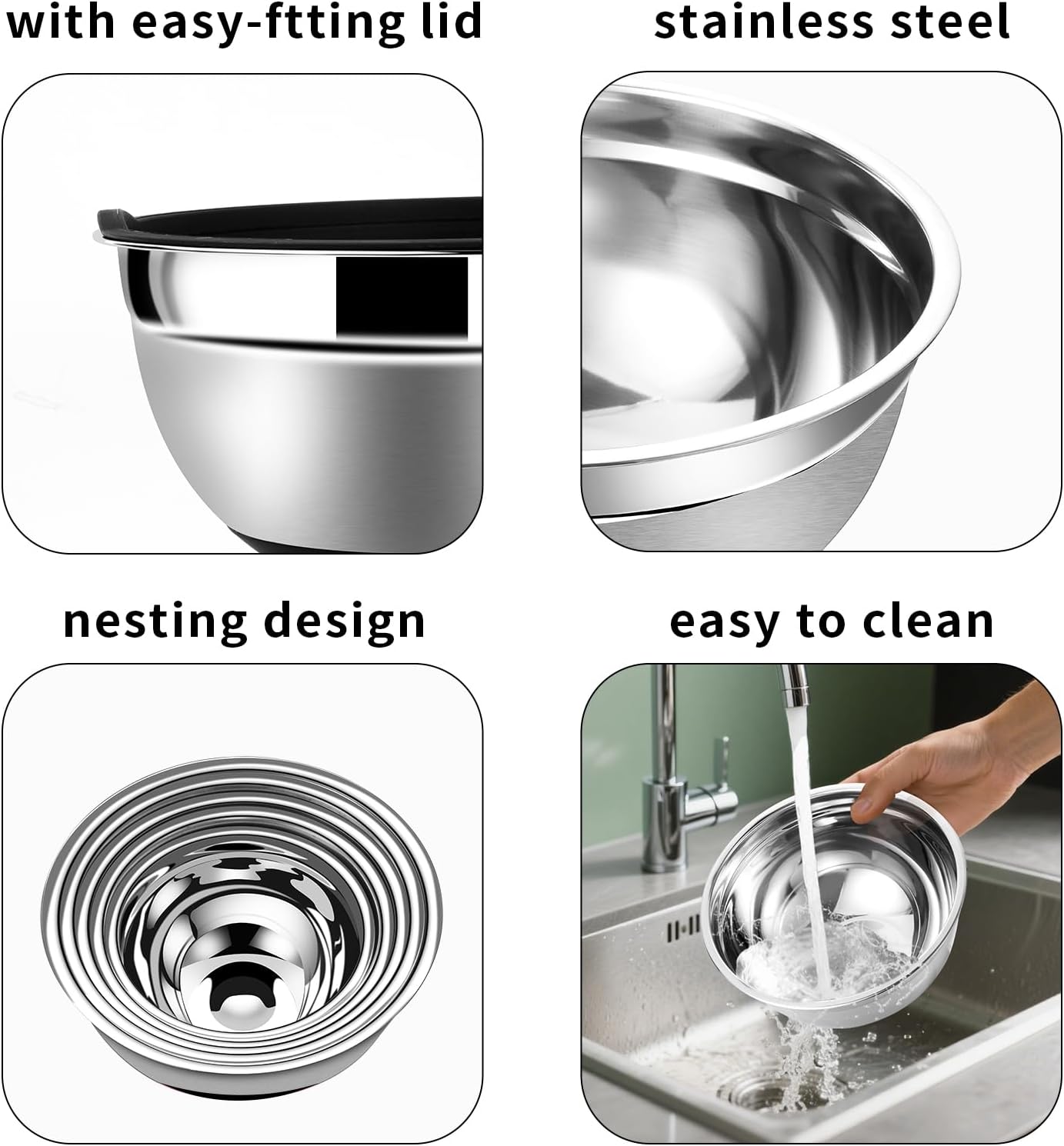 Lazycorner Stainless Steel Mixing Bowls with Airtight Lids Set of 7 Stainless Steel Bowls Set with 3 Grater Attachments Great for Serving & Baking