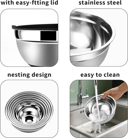 Lazycorner Stainless Steel Mixing Bowls with Airtight Lids Set of 7 Stainless Steel Bowls Set with 3 Grater Attachments Great for Serving & Baking