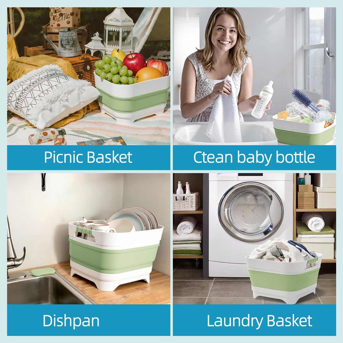2.6 Gal/10L Collapsible Wash Basin with Drain Plug, Portable Foldable Dish Tub, Large Capacity Space-Saving Sink for Baby Bottles, RV, Camping, Kitchen, Travel & Outdoor Use