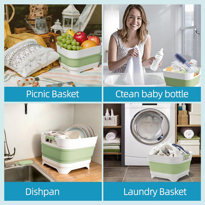 2.6 Gal/10L Collapsible Wash Basin with Drain Plug, Portable Foldable Dish Tub, Large Capacity Space-Saving Sink for Baby Bottles, RV, Camping, Kitchen, Travel & Outdoor Use
