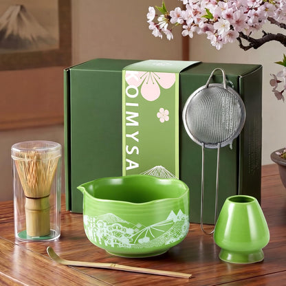 Matcha Whisk Set, 5 Pcs Traditional Japanese Matcha Whisk Preparation Kit, White Glossy Ceramic Bowl with Black Cat and Strawberry Pattern