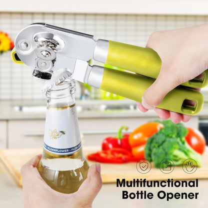 Beneno Heavy Duty Hand Can Opener Manual with Magnet, Durable Sharp Carbon Steel Blade Smooth Cutting, Big Effort-Saving Knob & Soft Grip Handle, Multifunctional Kitchen Tool with Bottle Opener, Green