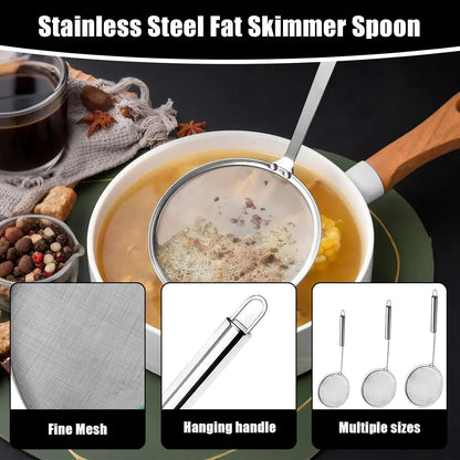 Stainless Steel Fat Skimmer Spoon 4”Multi-Functional Fine Mesh Hot Pot Grease Strainer with 9.4” Heat-Resistant Handle For Frying, Soup, Quinoa, Miso
