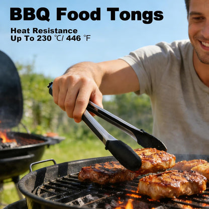600ºF Heat Resistant Kitchen Tongs, 9.57 inch Tongs for Cooking with Silicone Tips, Non Scratch, Locking Tong for BBQ Grilling Air Fryer Food Salads, Set of 2