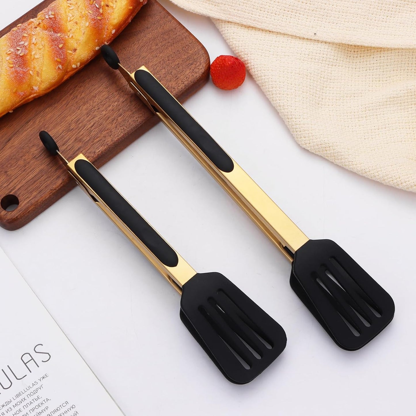 Stainless Steel Classic Kitchen Serving Food Party Gold Tongs 9" and 12" Cooking Tong with BPA Free Silicone Tips, Dishwasher Safe Serving Tools(set of 2)