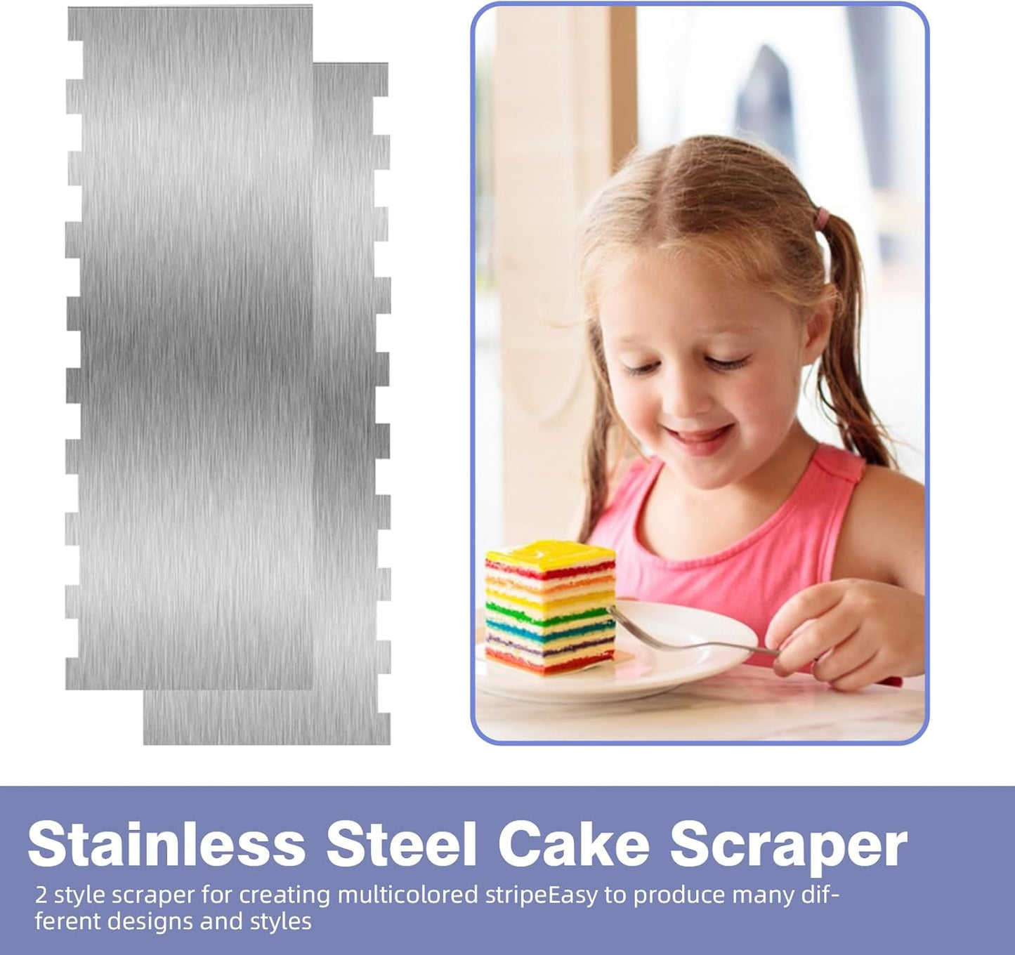 9 Inch Stainless Steel Cake Scraper, Cream Cake Scraper Sided Patterned Edge Stripe Edge Smoother Scraper Cake Smoother Frosting Scraper Cake Decorating Comb for Mousse Butter Cream