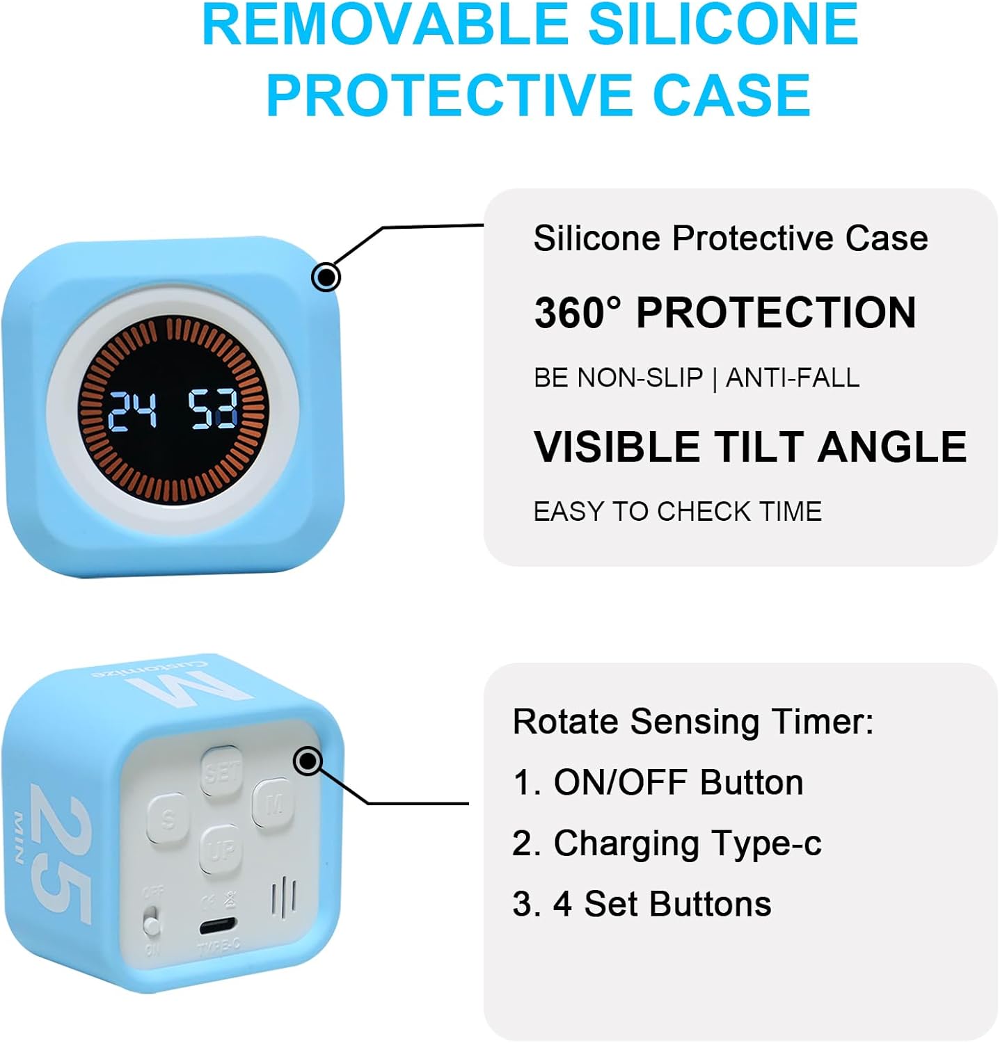 Rotating Cube Pomodoro Visual Timer 5, 25, 10 50 Minutes Preset, Rechargeable Desk Productivity Flip Custom Countdown Timer w/Silicone Cover, Silent Mode for ADHD Study, Work, School(Orange)