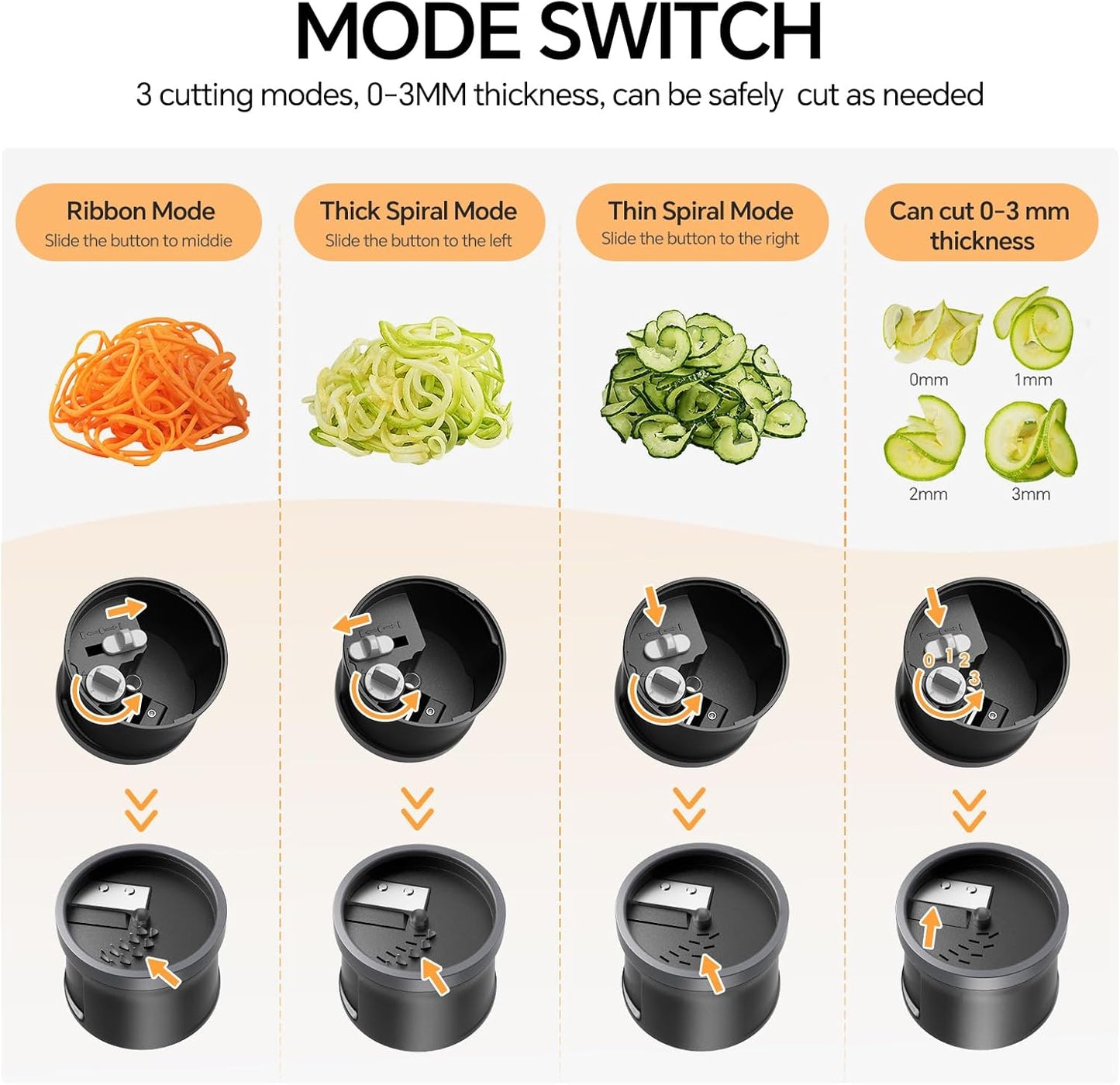 3 in 1 Vegetable Spiralizer Slicer, Adjustable Thickness 0-3mm, Zucchini Spiralizer Veggie Noodle Maker for Cucumber/Zoodle/Salad/Spaghetti/Pasta with Food Container, Cleaning Brush, Black
