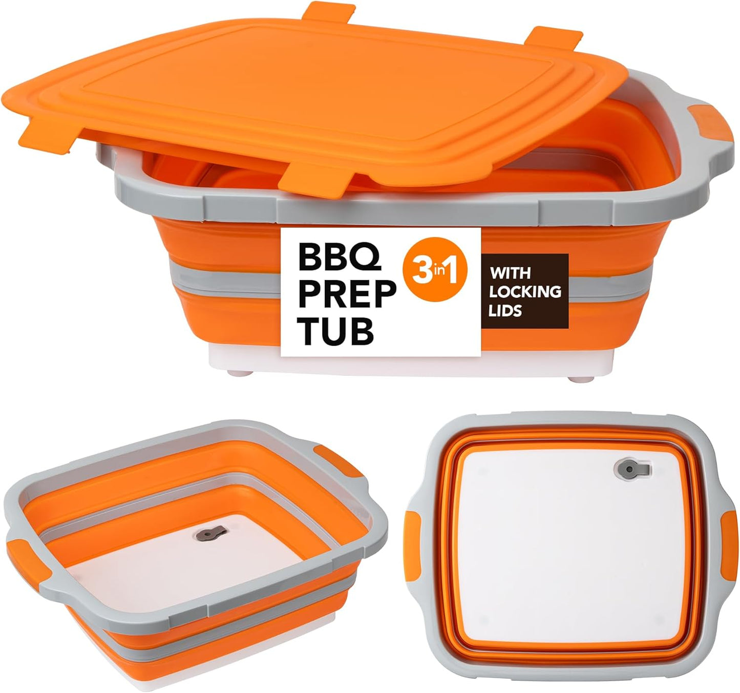 Collapsible Cutting Board(2.11 Gal/8L), BBQ Prep Tub with Locking Lid, Foldable Camping Sink with Colander, Multifunction Dish Basin for Kitchen, Bowl, Vegetable and Fruit, Storage Basket for Picnic