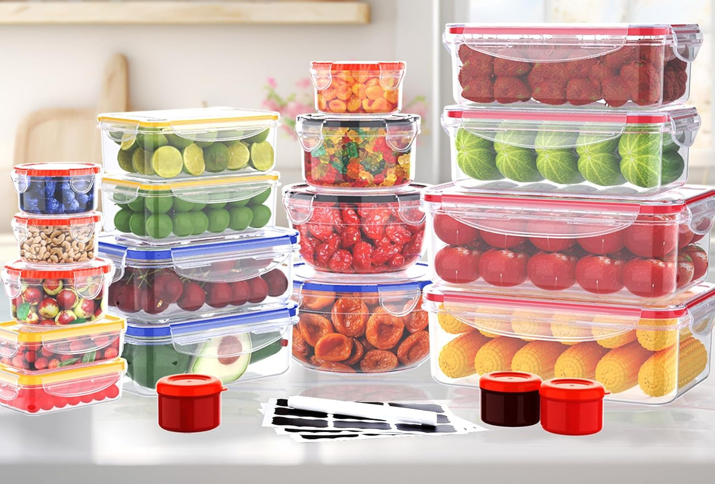 RockBerry 50 Pcs Large Food Storage Containers with Lids Airtight-85 OZ to small Containers-Total 526OZ Stackable Kitchen Set -BPA Free Leak proof containers- Freezer Microwave safe