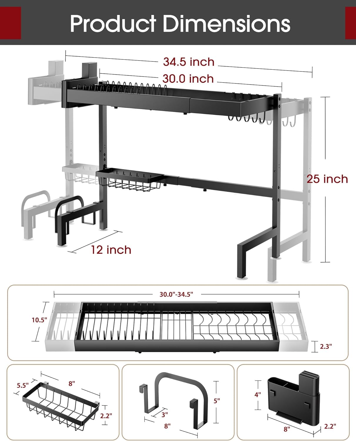 Sakugi Over The Sink Dish Drying Rack, Expandable 2-Tier Stainless Steel Kitchen Storage Organization Accessories for Countertop, Rustproof & Space-Saving, 30"–34.5" L x 12" W x 25" H, Black