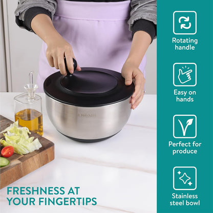 Navaris Salad Spinner with Storage Lid - Durable Stainless Steel Vegetable & Lettuce Dryer Set - Non-Slip Silicone Base - Includes Plastic Colander and Extra Storage Lid - Black
