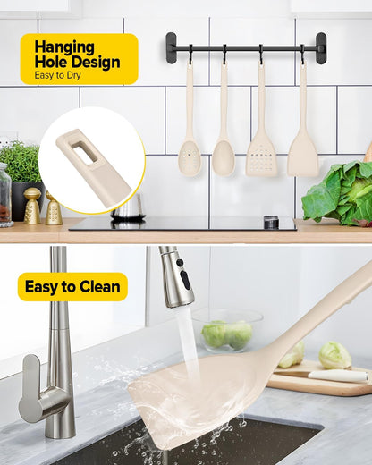 Pack of 4 Silicone Cooking Utensils Set, Non Stick Solid Spatulas and Heat Resistant Slotted Spoons with Back Hooks, Ideal BPA Free Kitchen Utensils Set for Frying,Serving,Turning,Stirring(KHAKI)
