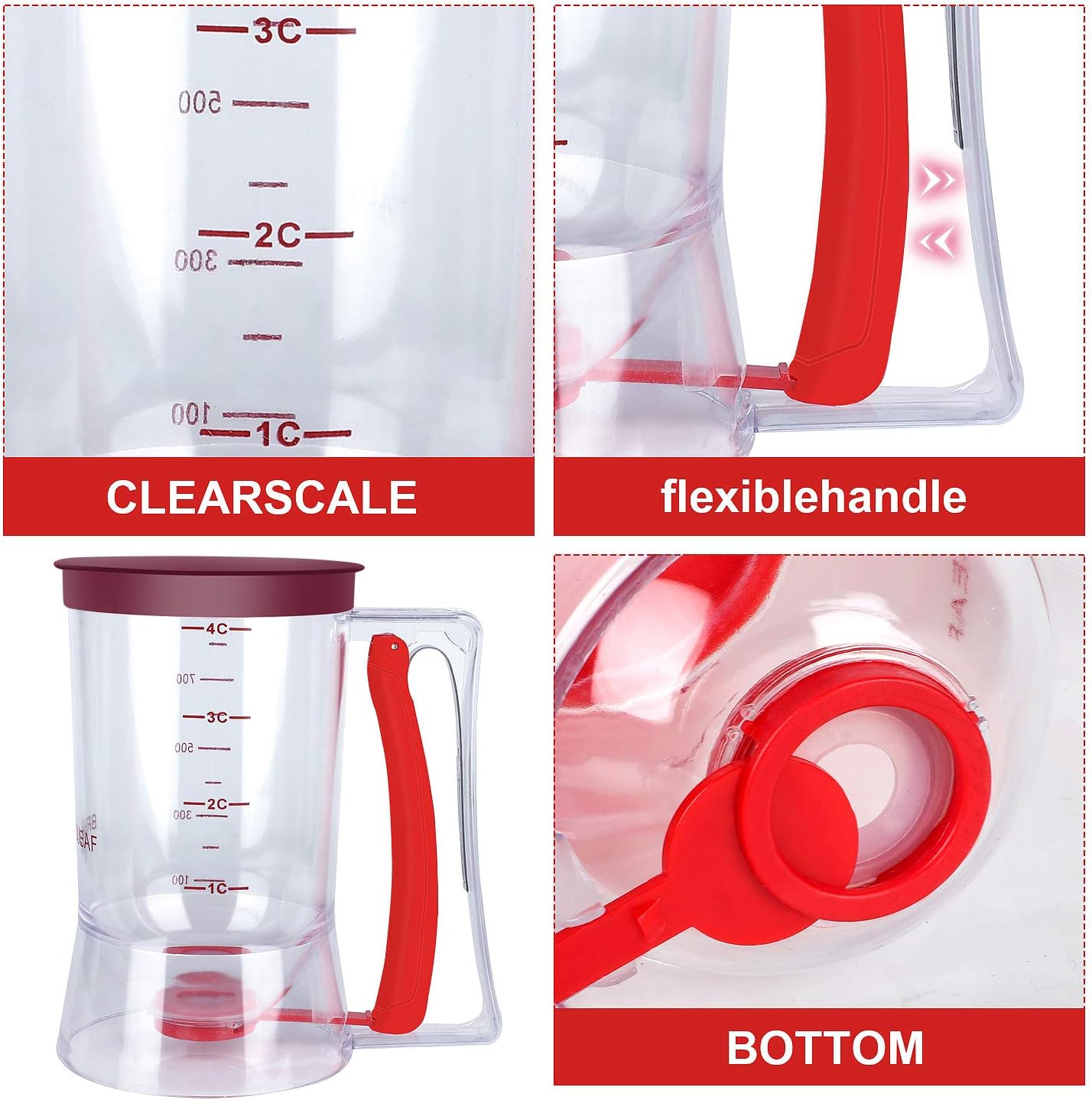 BBSTARZ Pancake Batter Dispenser – 4-Cup Batter Dispenser with Squeeze Handle & Measuring Marks for Pancakes, Waffles, Muffins, Crepes & Cupcakes – Baking Tool(Red)