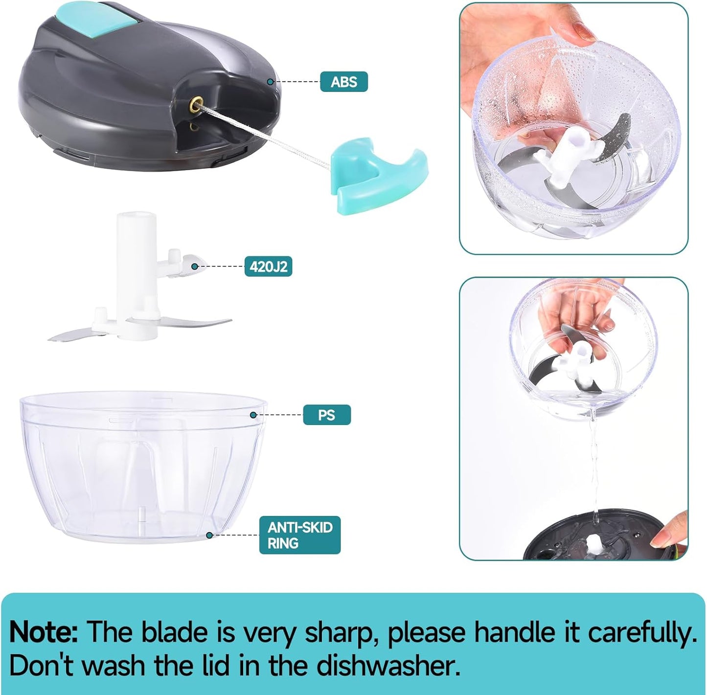 Manual Food Processor Vegetable Chopper, Portable Hand Pull String Garlic Mincer Onion Cutter for Veggies, Ginger, Fruits, Nuts, Herbs, etc., 500ml,（Gray-green）