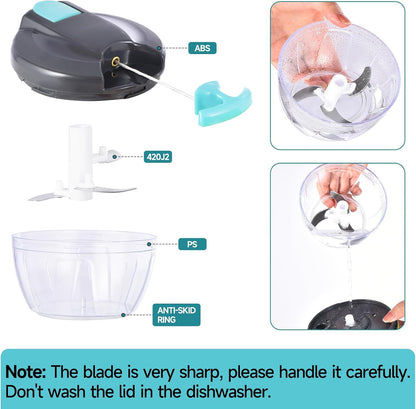 Manual Food Processor Vegetable Chopper, Portable Hand Pull String Garlic Mincer Onion Cutter for Veggies, Ginger, Fruits, Nuts, Herbs, etc., 500ml,（Gray-green）