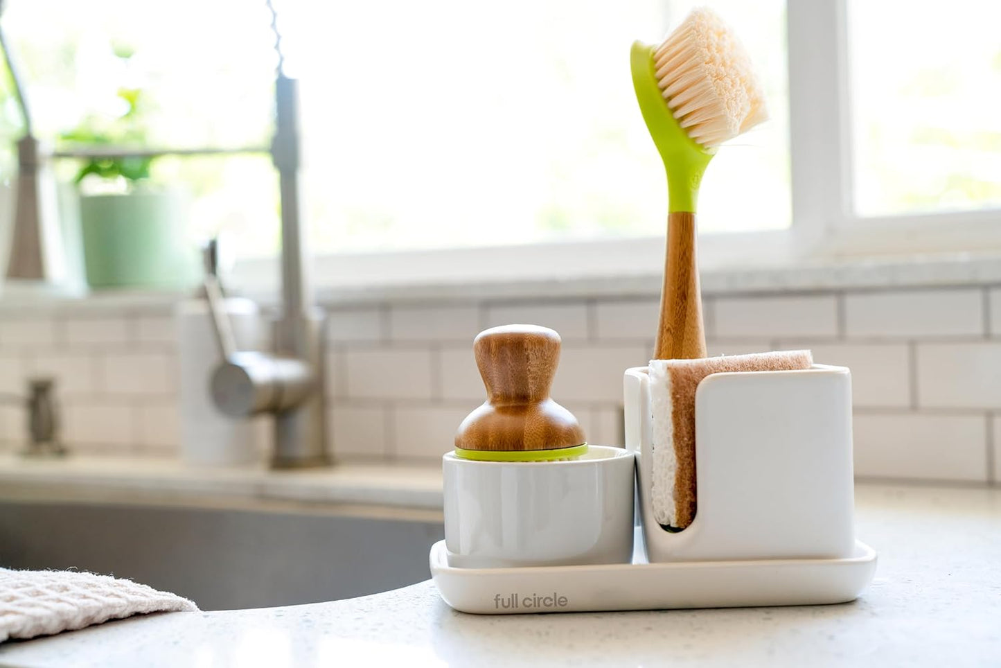 Full Circle Stash, Ceramic Kitchen Sink Caddy, Stylish Sponge Holder & Dish Brush Organizer, Easy to Clean, Dishwasher Safe, Rustproof, White and Gray