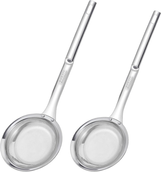 Stainless Steel Fine Mesh Skimmer Spoon, Fine Mesh Fat Skimmer Spoon, Colander Strainer, Oil Filter Food Strainer for Cooking Oil, Grease Foam, Food Vegetable Hot Pot (2 Pack, Large+small)