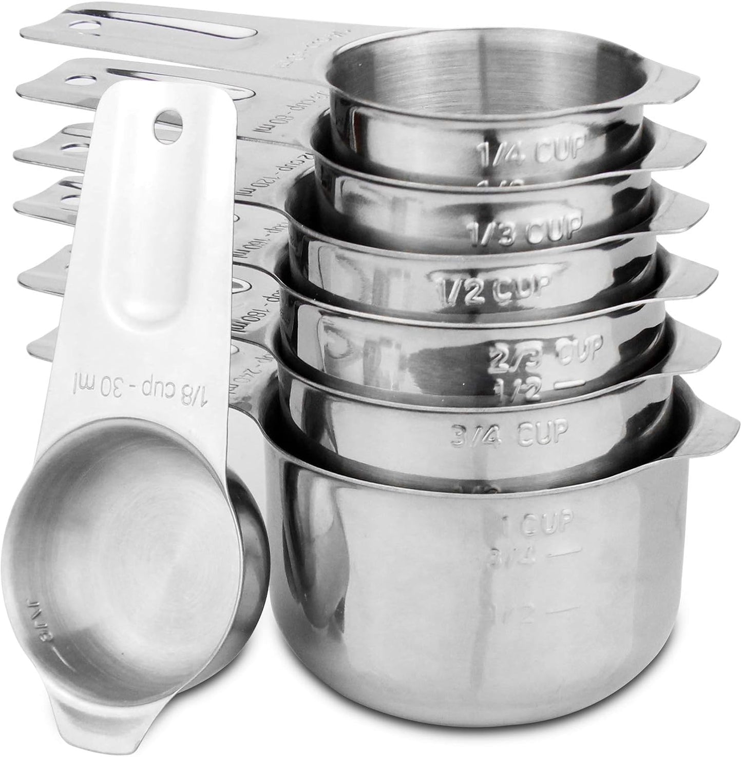 13-piece Measuring Cups and Spoons Set, 18/8 Stainless Steel Heavy Duty Ergonomic Handle with Ring Connector, Silver