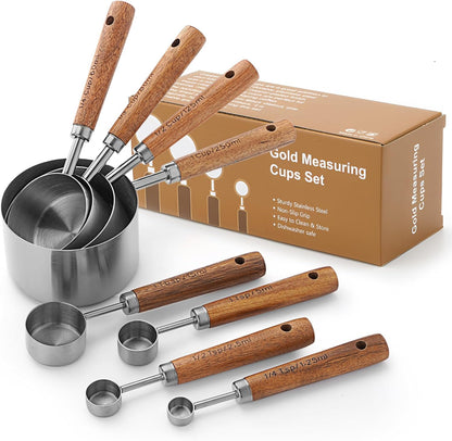 SHIKORI Gold Measuring Cups and Spoons Set with Wood Handles, Premium Stainless Steel Measuring Spoons and Measuring Cups Set-Gold