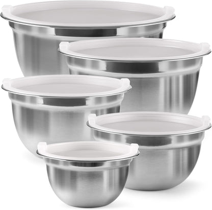 FineDine Stainless Steel Mixing Bowls Set with Lids, Home Kitchen Cooking Essentials Household Must Haves for Baking, 5 Pieces