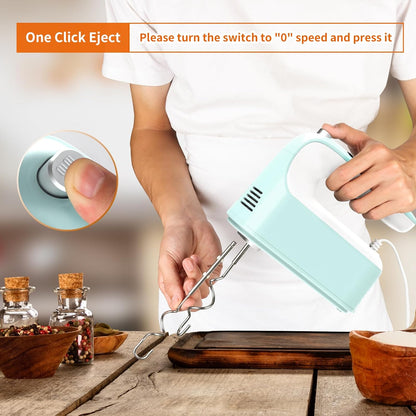 Yomelo 9-Speed Digital Hand Mixer Electric, 400W Powerful DC Motor, Hand Mixer Electric Handheld with Snap-On Storage Case, 5 Stainless Steel Accessories, Beaters, Dough Hooks, Whisk(Ice Blue/Black)