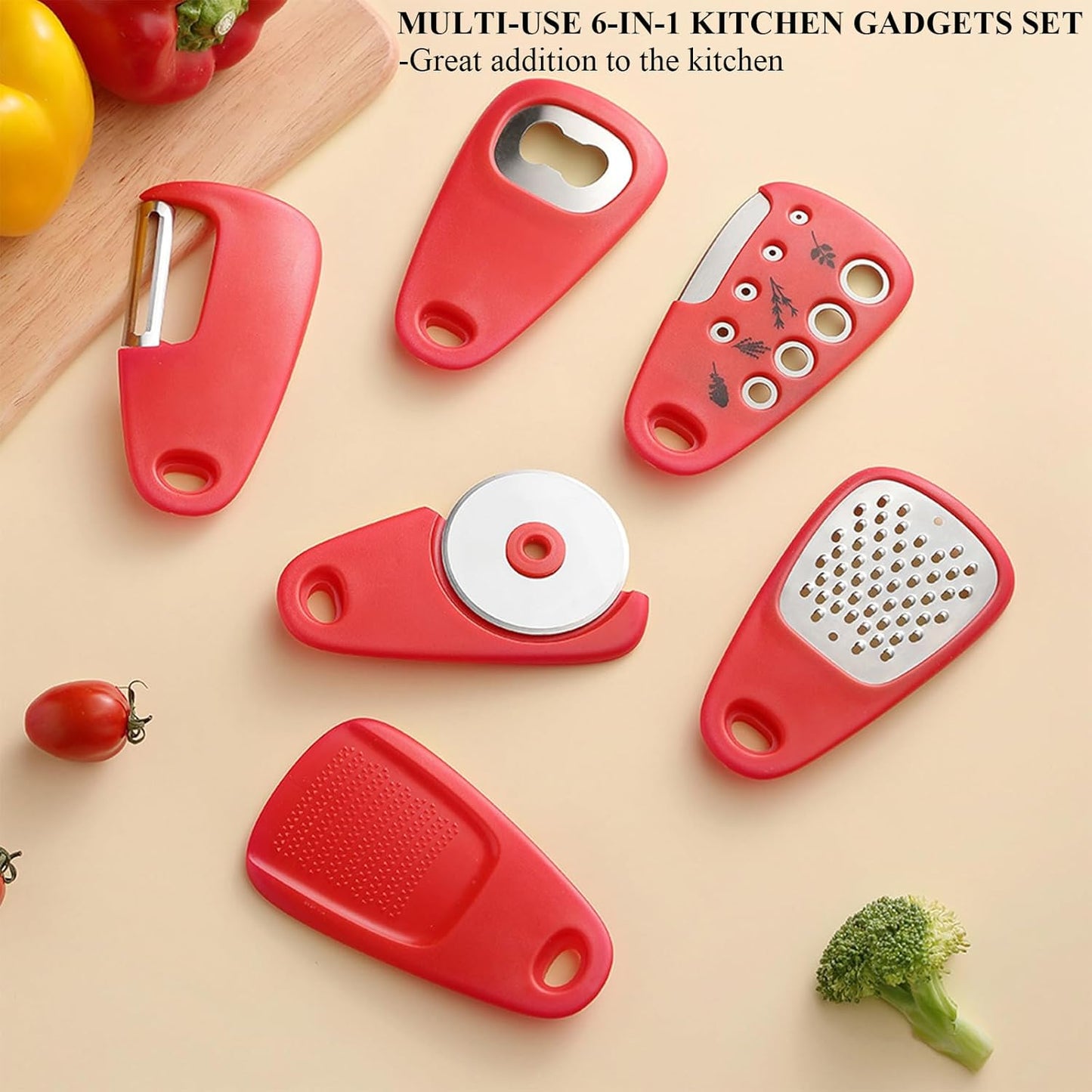 Kitchen Gadgets Set 6 Pieces, Space Saving Cooking Tools Kitchen Accessories-Garlic/Ginger Grinder, Cheese Grater, Vegetable/Fruit Peeler, Pizza Cutter, Herb Stripper, Bottle Opener, Gadgets Gift Set