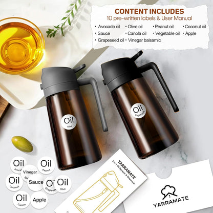 YARRAMATE 16oz/470ml Light Blocking Oil Sprayer for Cooking with Stickers, Food-Grade 2 in 1 Olive Oil Dispenser Bottle for Kitchen, Premium Dark Amber Glass Oil Bottle for Air Fryer, BBQ (Black)