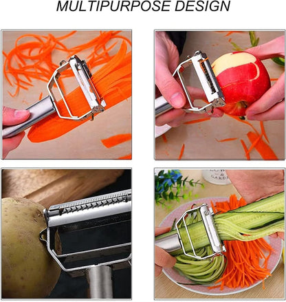Ultra Sharp Vegetable Peeler，Stainless Steel 2 in 1 Julienne Vegetable Peeler With Brush Perfect for Carrot Potato Cucumber Gadget Vegetable Fruit (Silver)