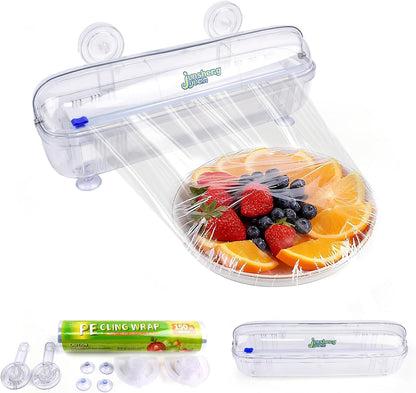 Refillable Plastic Wrap Dispenser with Slide Cutter Food Preservation Storage Set Reusable Dispenser - Nail-Free Wall Mounting/Countertop Use Cutting Box