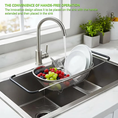 Over Sink Expandable Colander - Collapsible Fine Mesh Strainer Basket with Non-Slip Extendable Silicone Grip, Stainless Steel Kitchen Accessories for Rinsing Pasta, Rice, Fruits & Vegetables